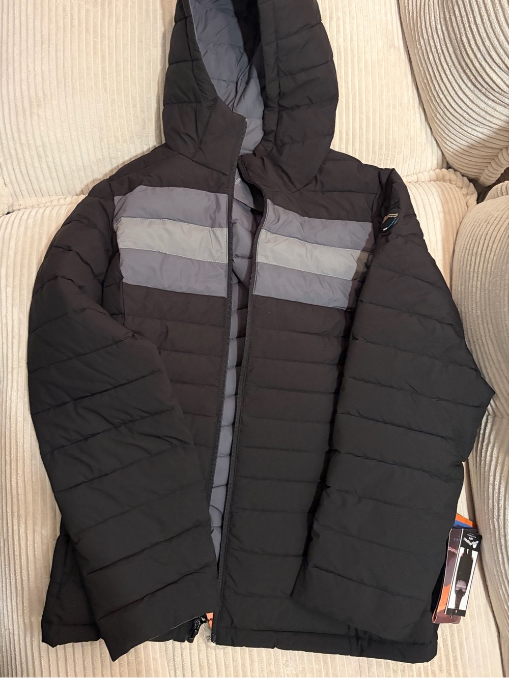 Women’s Hooded Quilted Puffer Jacket in Black and Gray